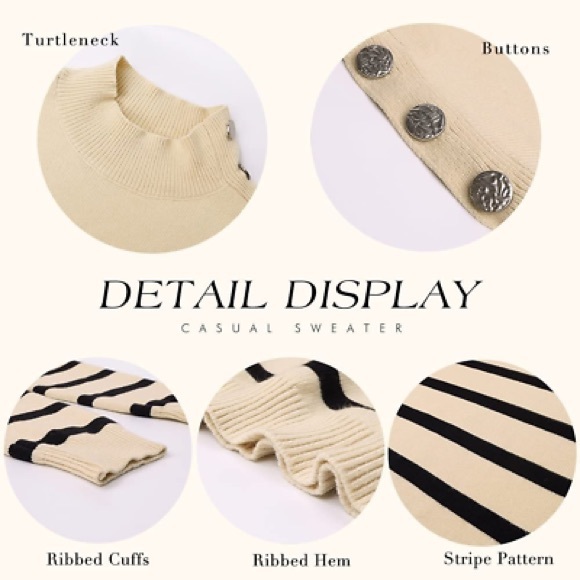 Long Sleeve Knitted Turtleneck Button Kneck decor Light Grey Striped Sweater - Picture 6 of 8